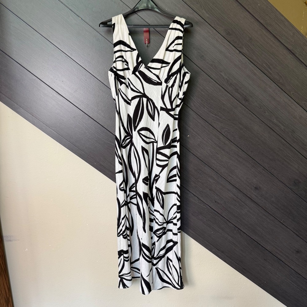 Paper Heart Women's Black‎ White Linen Blend Leaf Print Midi Dress XL Minimalist